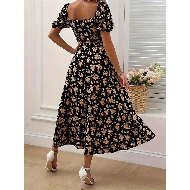 Bedrucktes Neckholder-Kleid mit schmalem Schlitz und Blumenmuster im französischen Stil