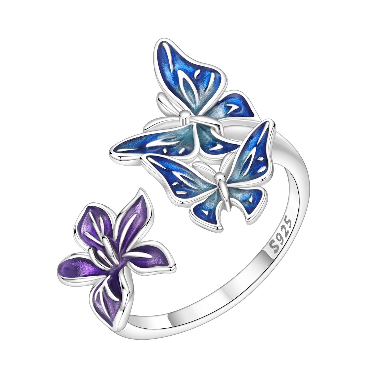 

S925 Silver Blue Butterfly Love Flower Opening Ring For Women Finger Ring Jewelry Party Trendy Gifts