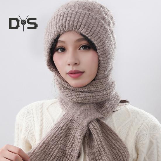 Women Winter Hat with Integrated Scarf Thick Warm Knitted Windproof High Elasticity Full Protection Outdoor Travel Cold Weather Cycling Cap