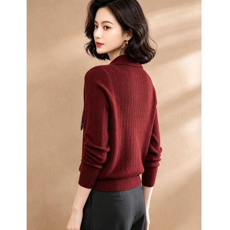 Women's Ribbed Knit Long-Sleeve Collared Sweater with Ribbon Detail