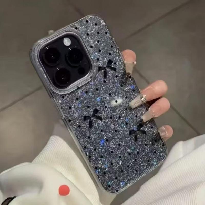 Exquisite Silver Glitter Bow Phone Case for iPhone 13-16 Pro Max