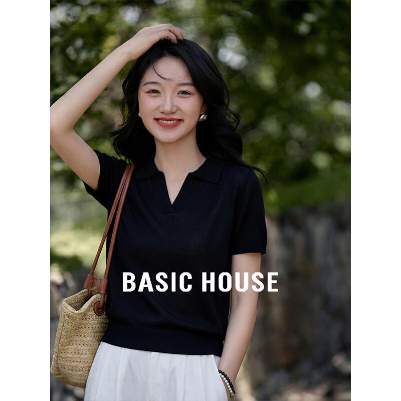 Basic House Women s Black Lapel Tencel Knit Top M