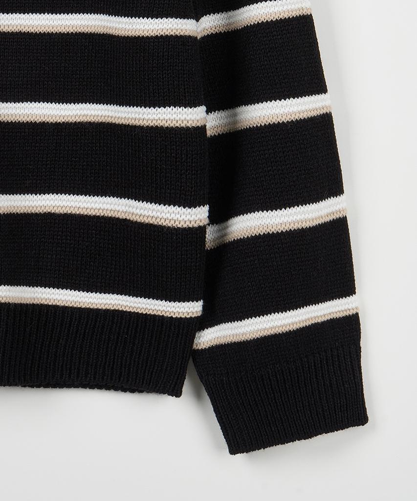 NODU Multi-Color Block Collared Stripe Knit T-Shirt [Black]