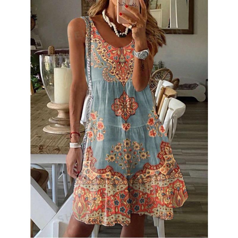 Women's Fashion Summer Spring Flower Pattern Print Sleeveless V-Neck High Waist Casual Dresses