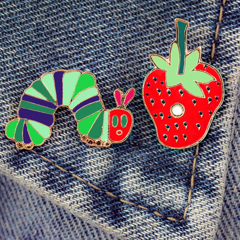 Funny Vegetable Worm Strawberry Drip Oil Brooch – Cartoon Fashion Metal Badge