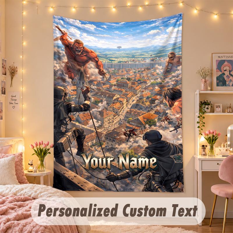 Custom Personalized Tapestry,Attack on Titan Print Custom Name Text Wall Art Hanging for Bedroom