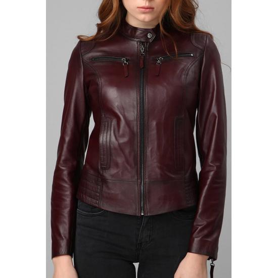 Paltoane de damă din piele naturală, comodă și elegantă, haină roșie claret de damă