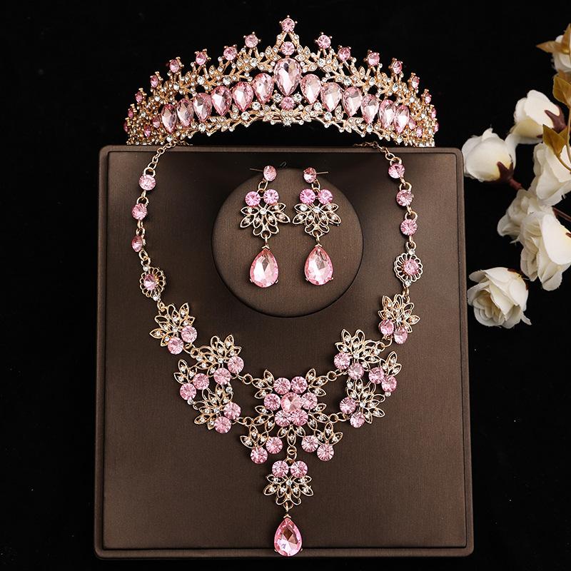 Pink Bridal Crown Three Piece Suit Wedding Crown Tiara Necklace Earrings Korean Super Fairy Wedding Dress Accessories