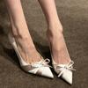 Autumn Niche Nude High Heels Women's Thin Heels Pointed Satin Temperament Gentle Bow Single Shoes