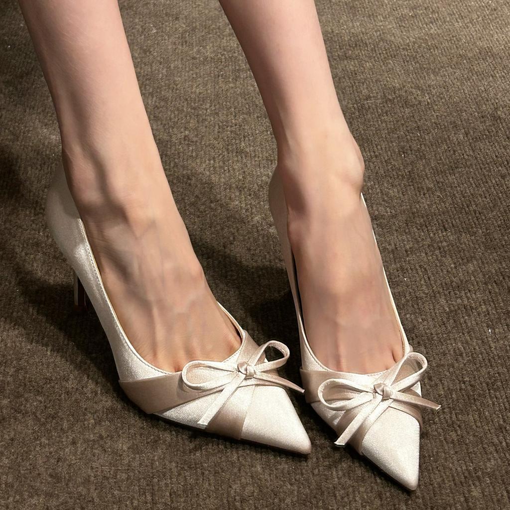 Autumn Niche Nude High Heels Women's Thin Heels Pointed Satin Temperament Gentle Bow Single Shoes