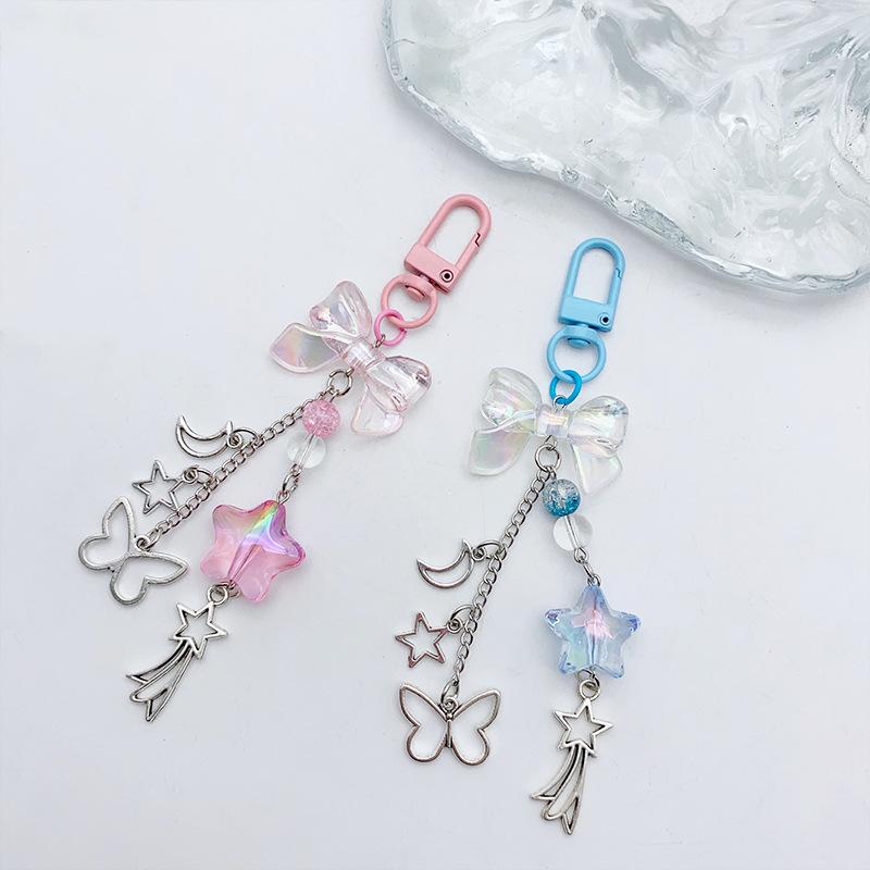 2 Stück Sommer kühl blau und rosa Quaste, Schmetterling, Stern und Mond, Laser-Schleife, Guben-Anhänger, Handy-Kette