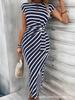 Sommer Damen Langer Rock O-Ausschnitt Kurzarm Gestreift Tailliert Mode Schlank-schlank Urlaub Party Freizeitkleid