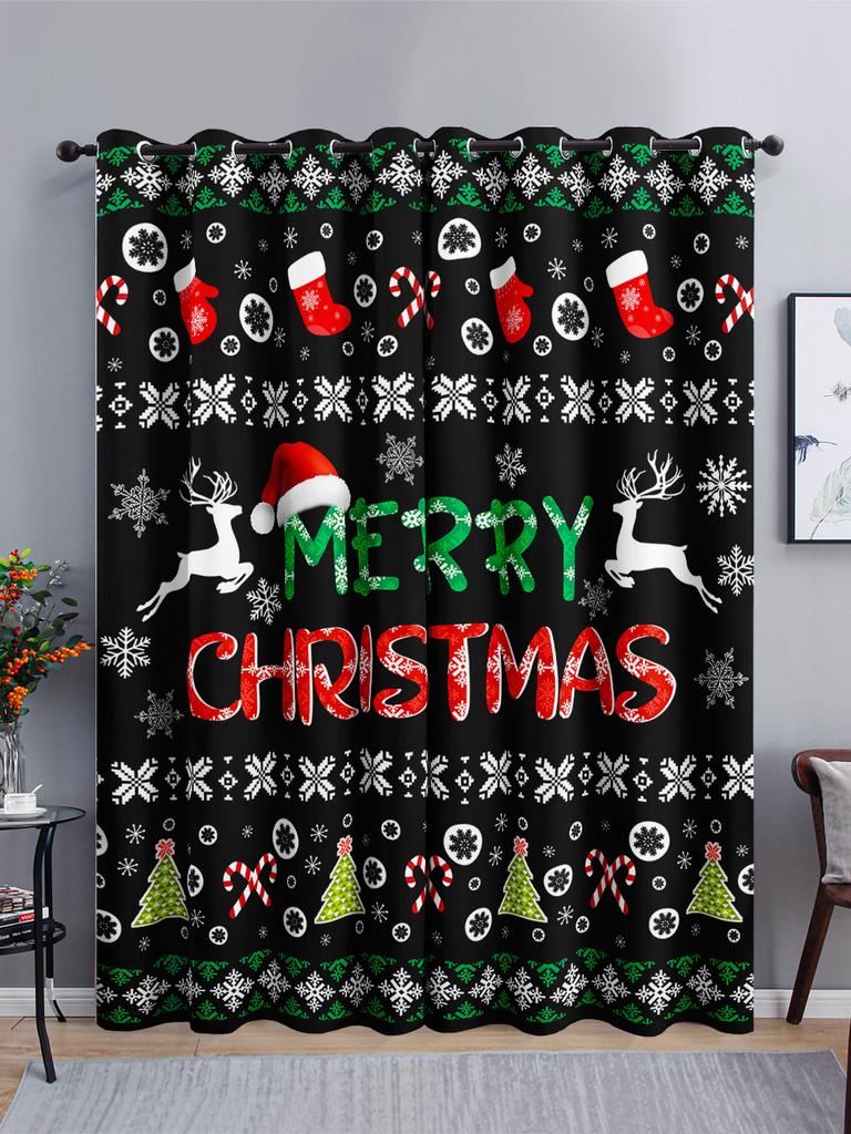 Cortinas Navideñas Rayadas Ciervo Cortinas Opacas Dormitorio Sala de Estar Impresión Digital Ojales