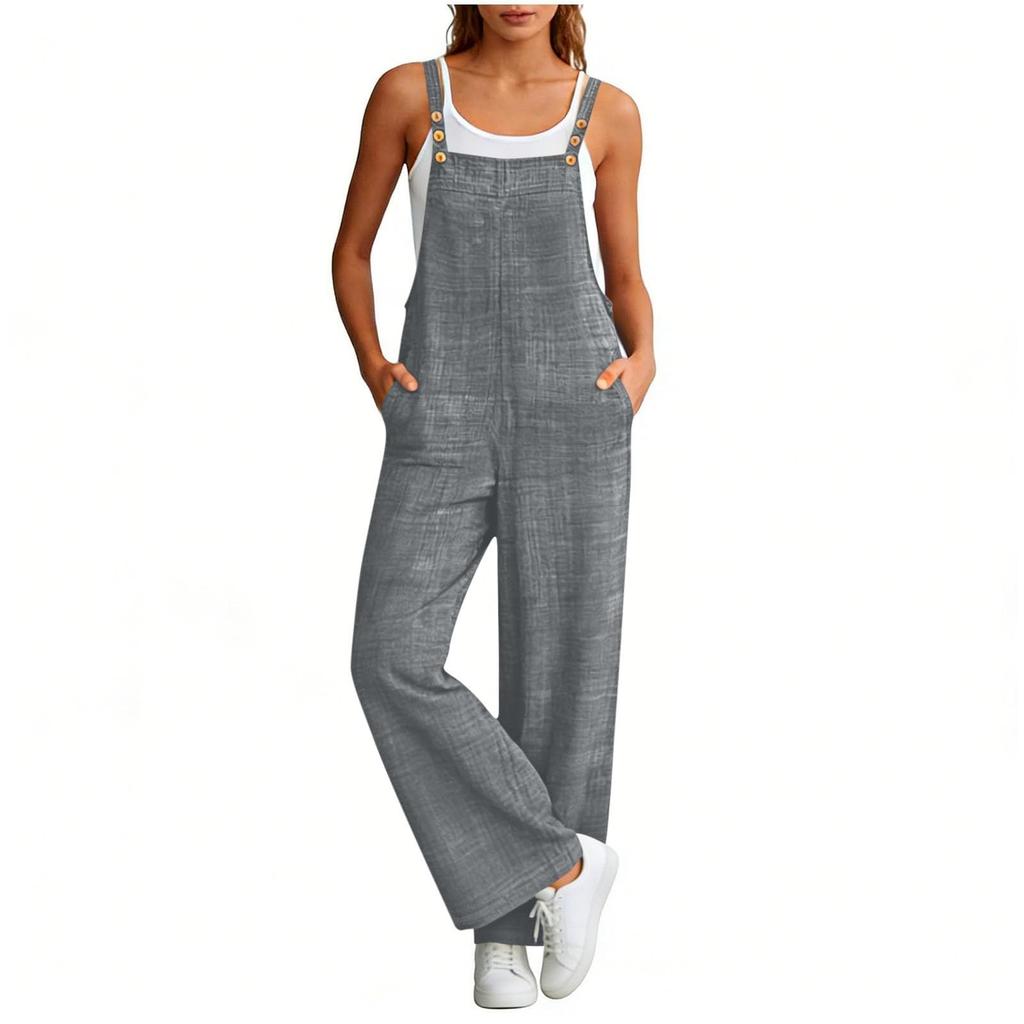 Women's Fashionable Suspender Wide Leg Loose Casual Suspender Pants With Pocket Buttons And Jumpsuit