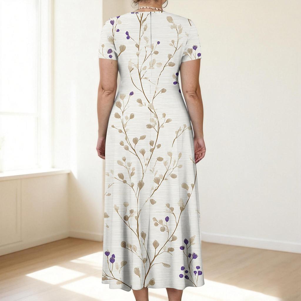 Abito Casual da Donna Taglie Forti Stampa Floreale Retro Girocollo Manica Corta Tasca Cintura Cravatta
