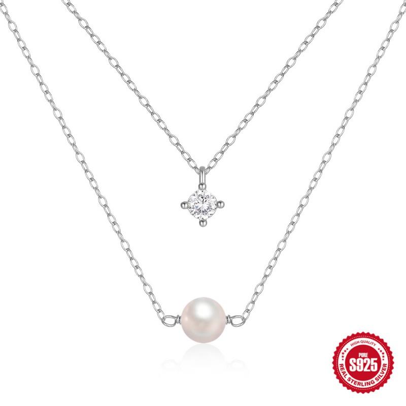 Layered Pearl Zirconia Necklace Women Sterling O-Link Chain Minimalist Chic Fashion Jewelry