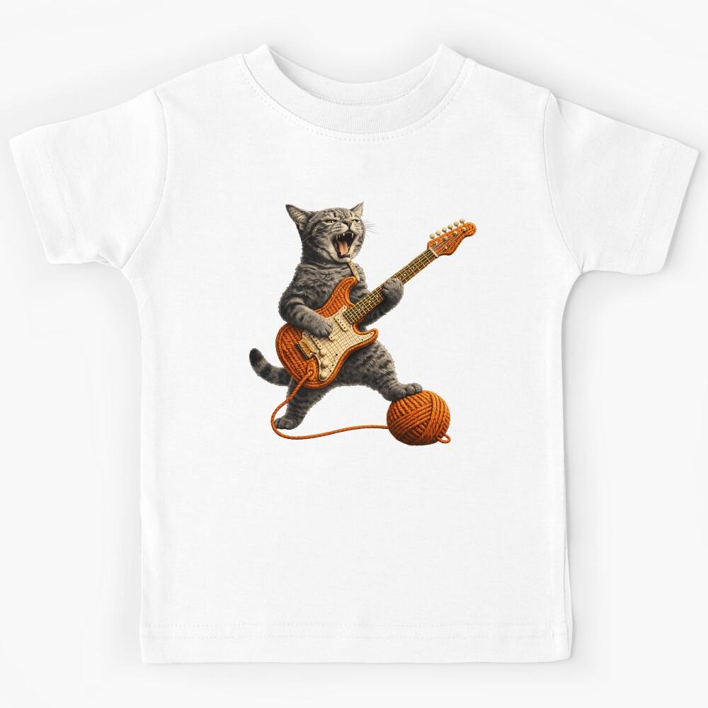 Funny Cat Playing Guitar, Rock n Roll Kitten with Yarn Kids T-Shirt 170