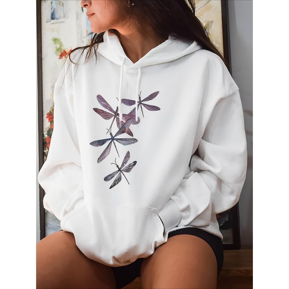 Women's Casual Dragonfly Pattern Printed Daily Comfortable Autumn Winter Hoodie Round Neck Women's Long Sleeved Clothing