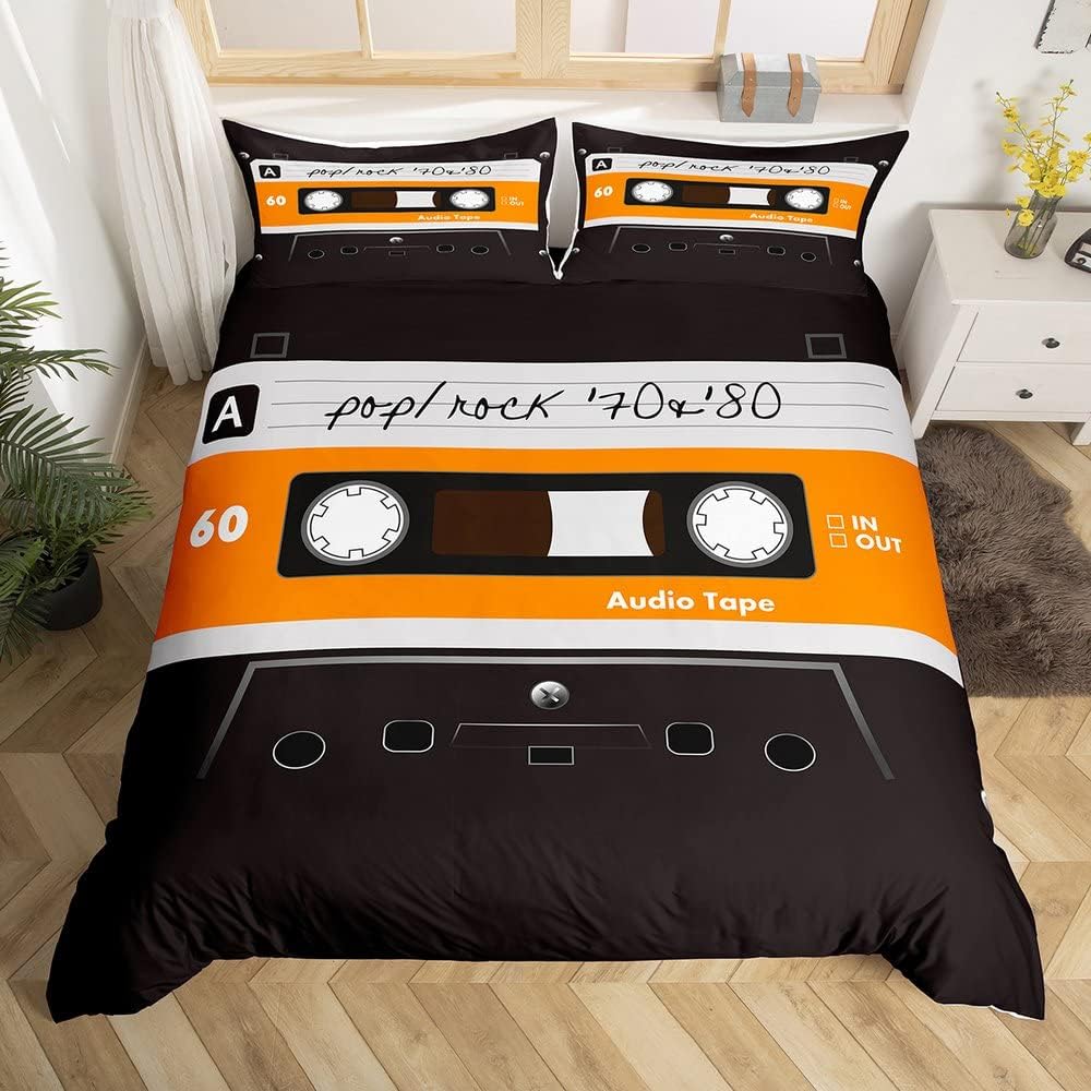 Cassette Tape Duvet Cover Twin Queen Vintage 80S 90S Memphis Comforter Cover Geometric Checkered Triangle Lightning Bedding Set