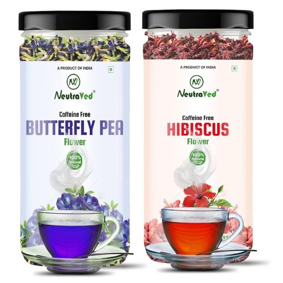 

NeutraVed Blue Butterfly Pea Flower 20g and Hibiscus Flower Tea 30g Combo | Natural Blue, Red Color - 50gm