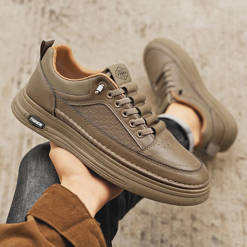 

Men s new retro board shoes trend versatile leather surface casual shoes round head leather shoes fashion trendy shoes 44 хакі