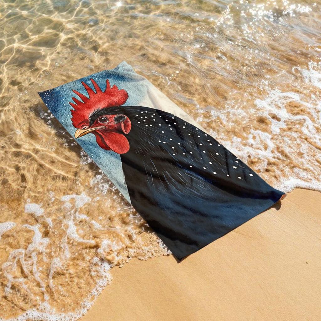 Watercolor Style Black Rooster Theme Polyester Microfiber Beach Towel Is Highly Absorbent, Suitable for Swimming Beach Outings