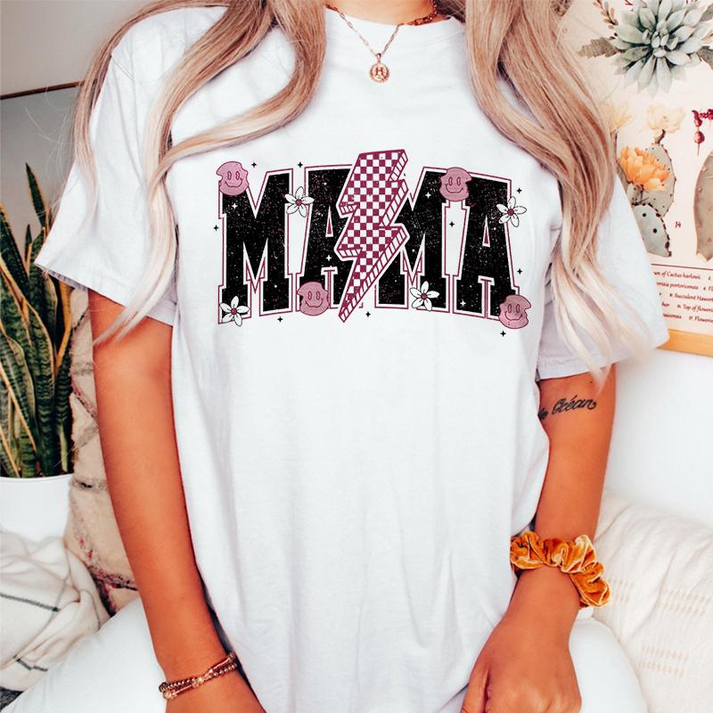 Retro Flower MAMA Graphic T Shirts Women Mothers Day Gift for New Mom Cute Mama Tshirt Leopard Lightning Mama Crew Neck Tshirt
