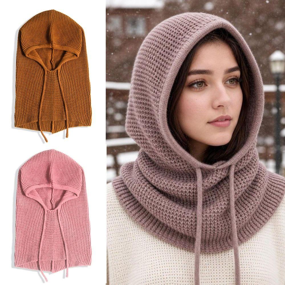 Drawstring Closure Neck Warmer Hat Thick Knit Winter Pullover Hat  For Women Man