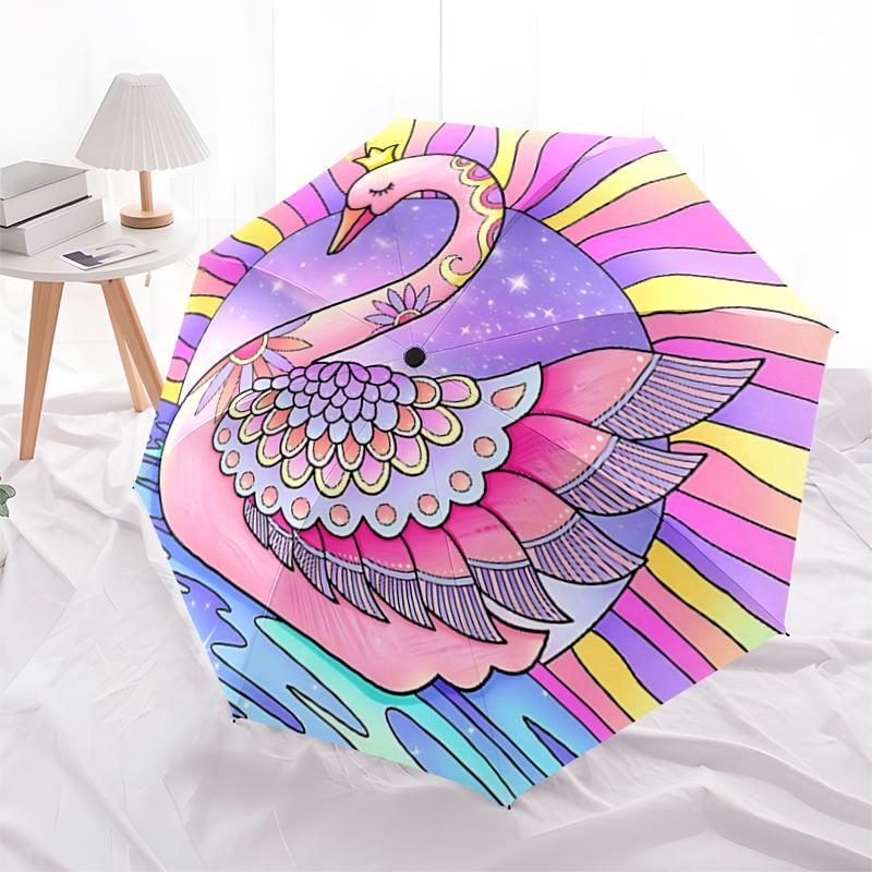 Magical Swan Auto-Folding Umbrella: Rainbow Fantasy Design, Portable 3-Fold Structure with Iron Frame, Perfect for Festivals, Travelers, Dai