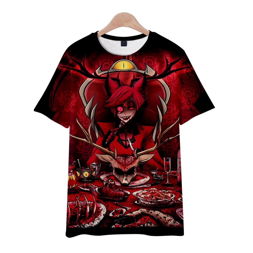 

Hazbin Hotel Аниме женские и мужские футболки с графическим принтом и круглым вырезом с мультяшным принтом, большие размеры с короткими рукавами, модная мужская одежда, уличная одежда L вино красного