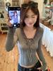 Chic Women's Winter Slim Fit V-Neck Gray Lace Trim T-Shirt