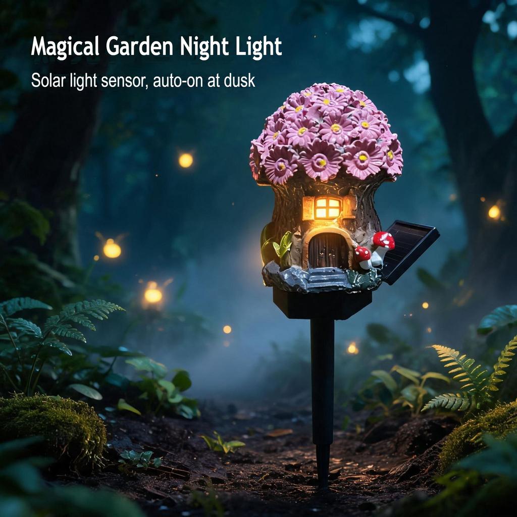 Solar Resin Garden Stake Lights Mushroom House Shaped Outdoor Waterproof Landscape Decorative Lawn Lamps for Yard Pathway