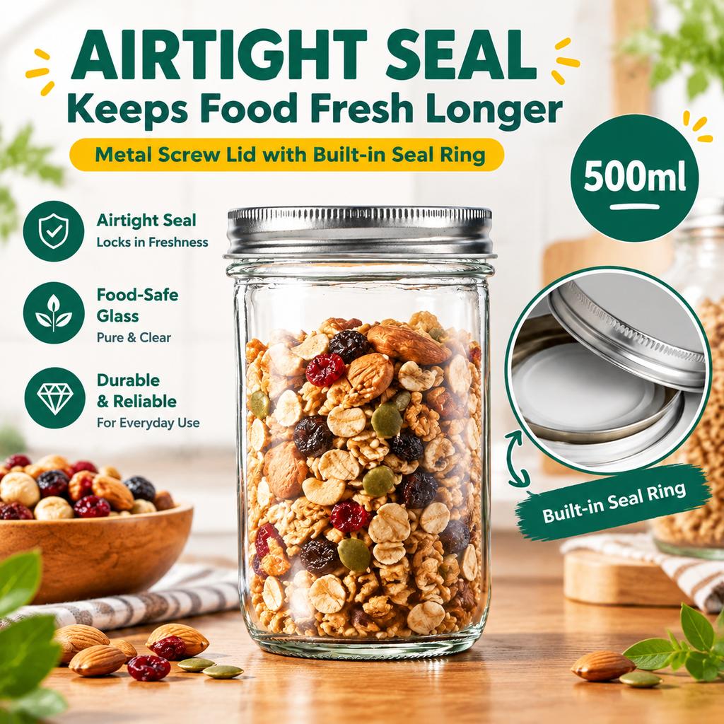 500ml Transparent Glass Storage Jar with Metal Screw Lid