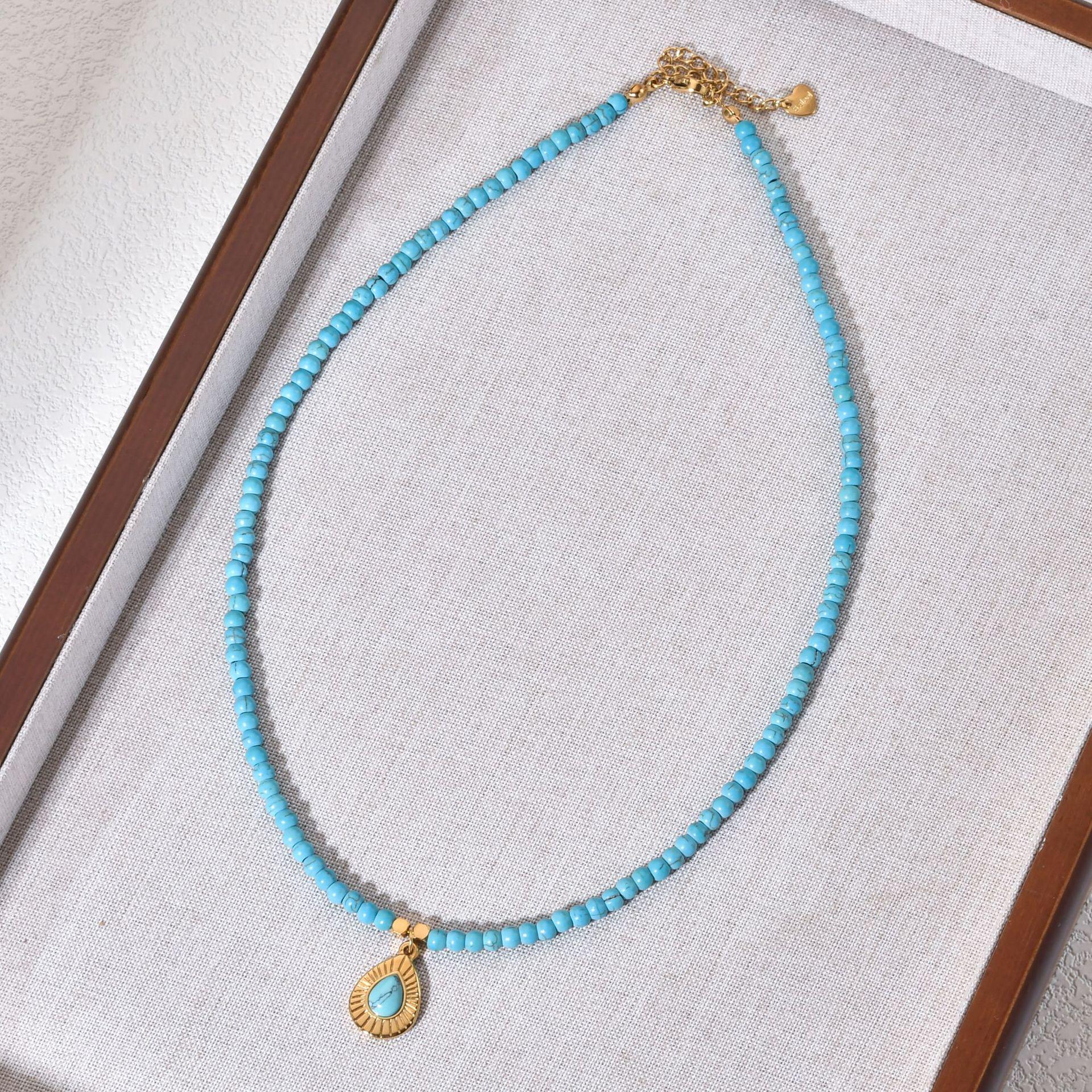 Women s Vintage Blue Turquoise Water Drop Necklace - Stainless Steel, Colorfast & Versatile Clavicle Chain