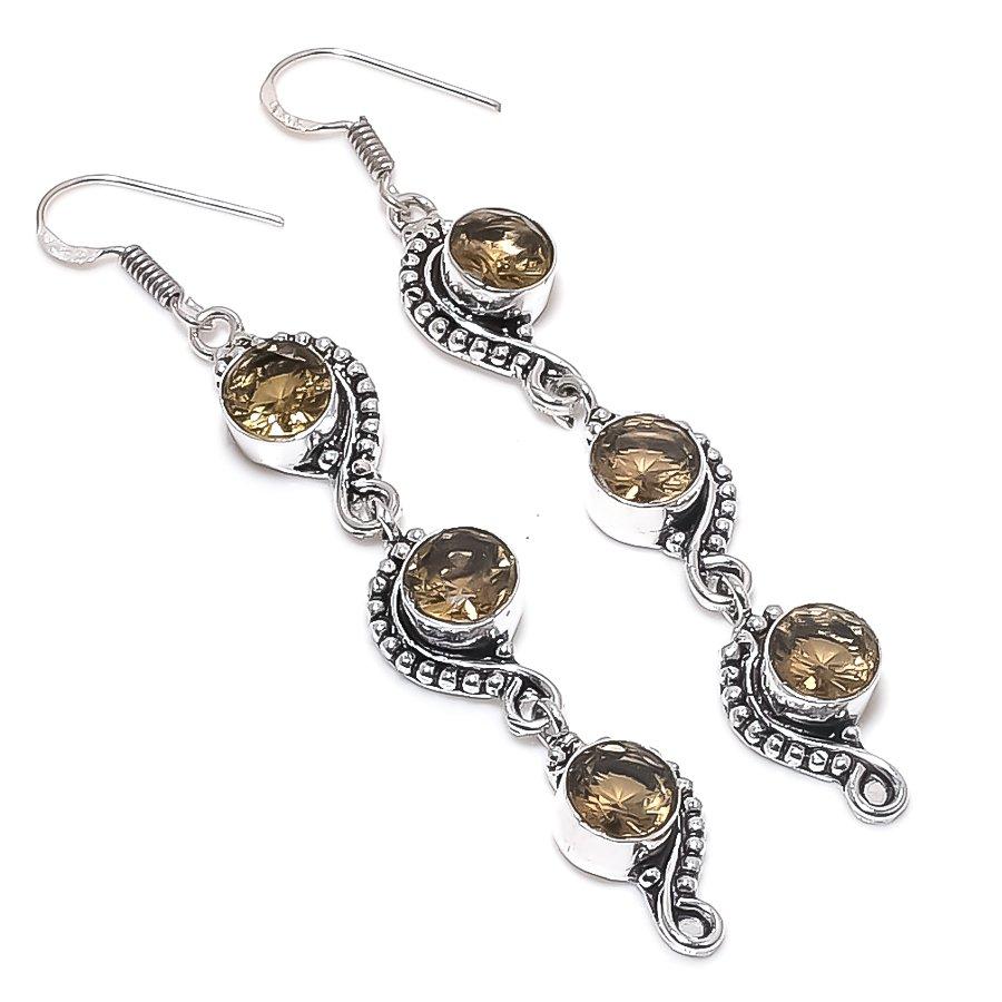 Natural Smoky Topaz Gemstone 925 Sterling Silver Jewelry Earring 3.27" a7V81
