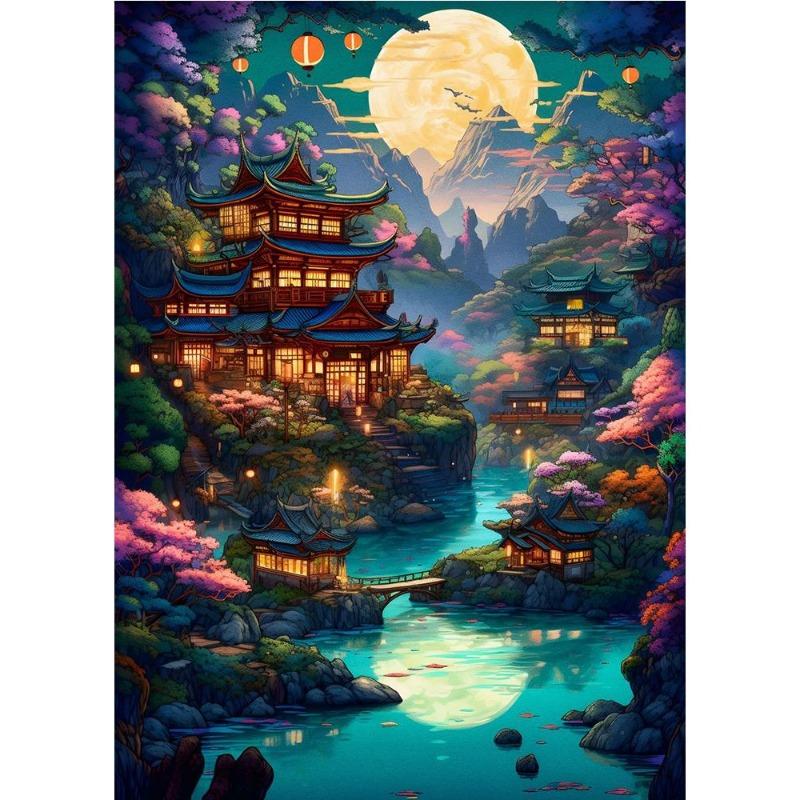 Japanese cherry color koi, fish, moonlake, magic art poster, canvas, painting, Japanese landscape, wall art for living room, home decor