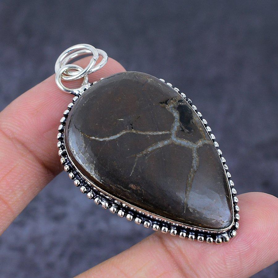 Natural Mud Crack Fossil Gemstone 925 Sterling Silver Jewelry Pendant 2.52" J8v99