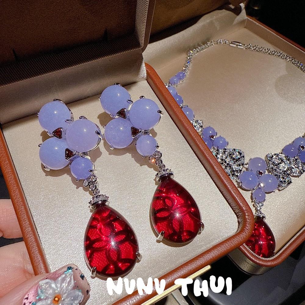 

Nvnvacc Iris Purple Chalcedony Flower Wings Water Drop Gemstone Necklace Haute Couture Jewelry, Petal Earrings Set