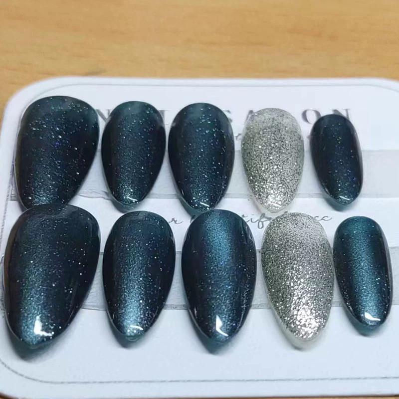 Full HANDMADE Almond Shape Rotating Butterfly Nails Art Black Green Cat Eye Silvery Sparkling Dtars Simplicity Phototherapy Fake Nails Reusable