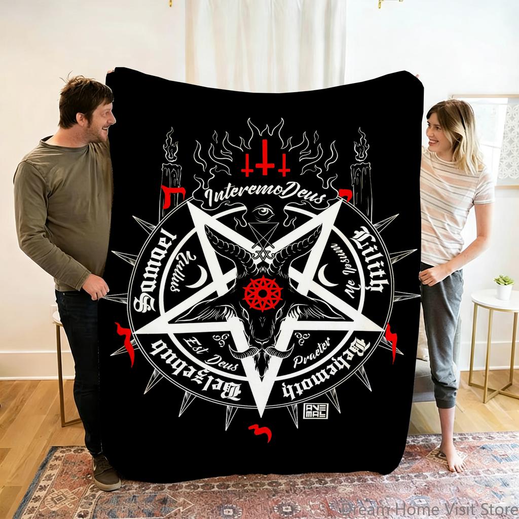 1Pc Sheep Head Satan Printed Flannel Blanket, Soft Casual Warm Blanket, Office Throw Blanket, Outdoor Camping Travel Blanket