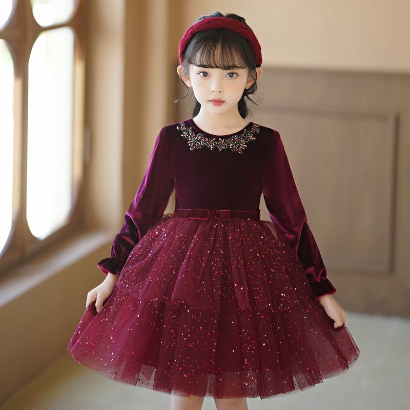 Kids Girls Long Sleeve Solid Princess Style Casual Children Dress 100cm