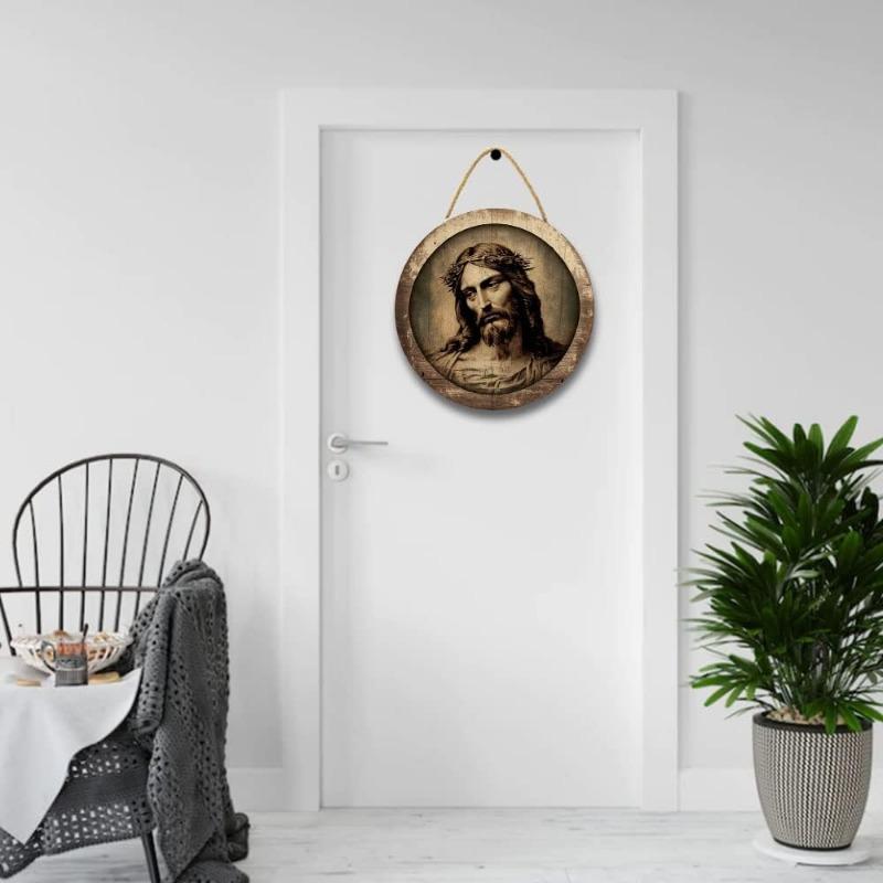 Religious Wall Decor Jesus Christ Artwork Wooden Painting Wall Art Pictures Rustic Wall Hanging Wooden Home Sign Wall Decor Poster with Rope for Livin
