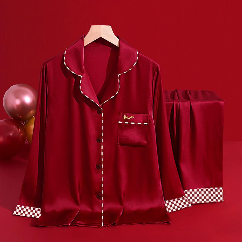 Pajamas Spring Long Sleeves Simulation Silk Homewear Premium English Embroidery Red Set