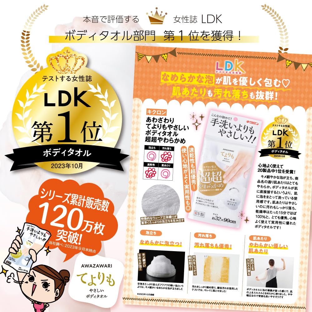 Kikuron Soft Touch Body Towel, Gentle Exfoliating, Pearl White, 1 Piece