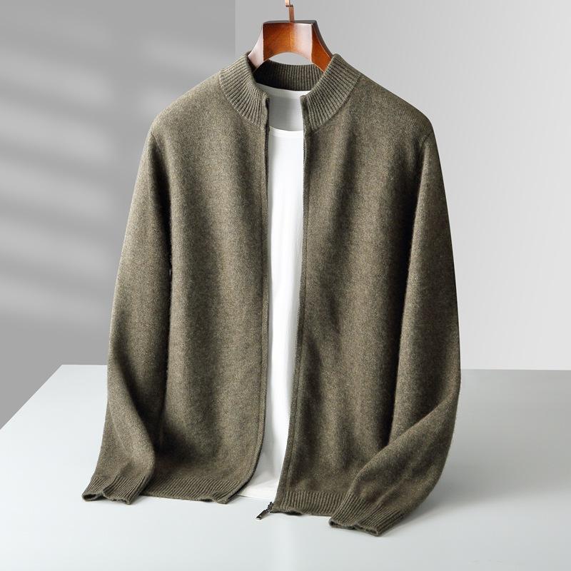 Men's Autumn Winter Warm Sweater Mock Collar Thickened Zippered Cardigan Cashmere Knitted Long Sleeve Tops