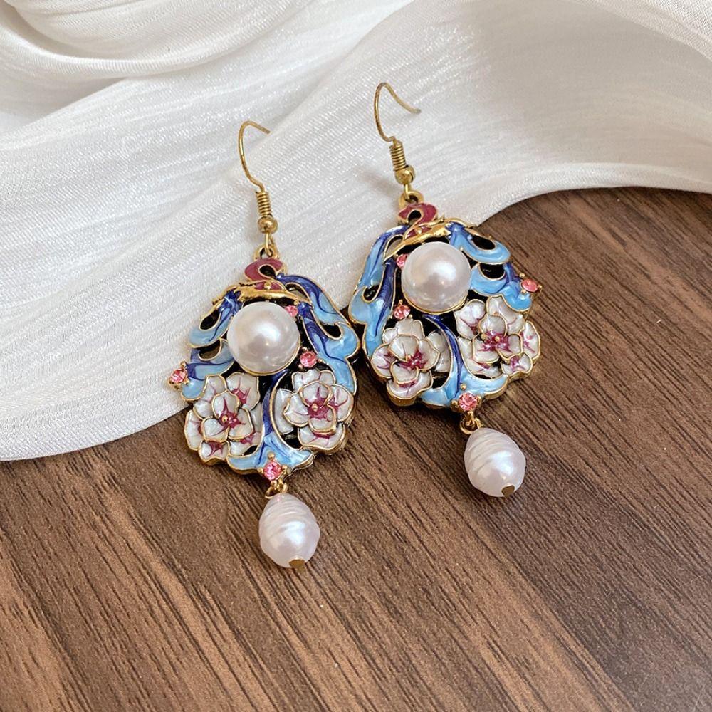 Flower Vintage Earrings Pearl Pendant Chinese Style Earrings Fashion Cloisonne Drop Earrings  Hanfu