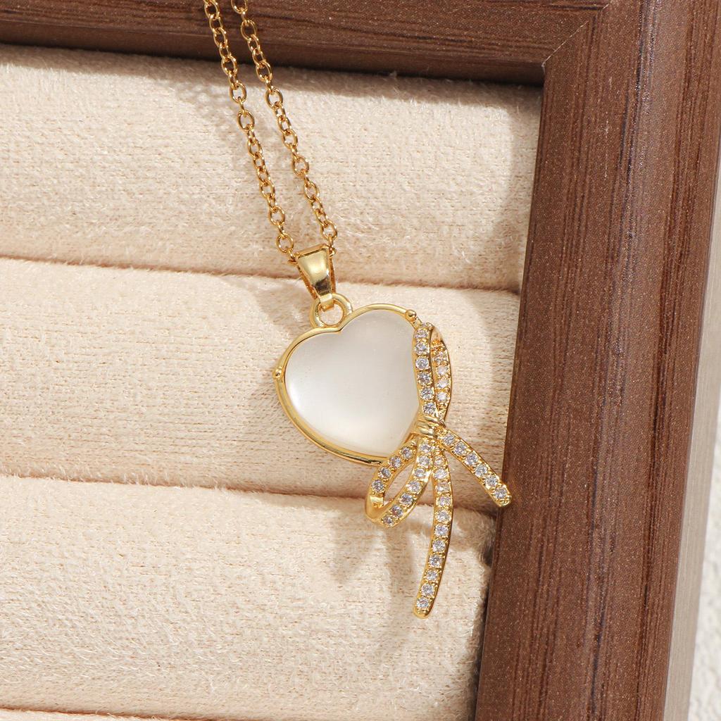 Gold-Plated Heart Bow Cat's Eye Necklace with Cubic Zirconia for Women