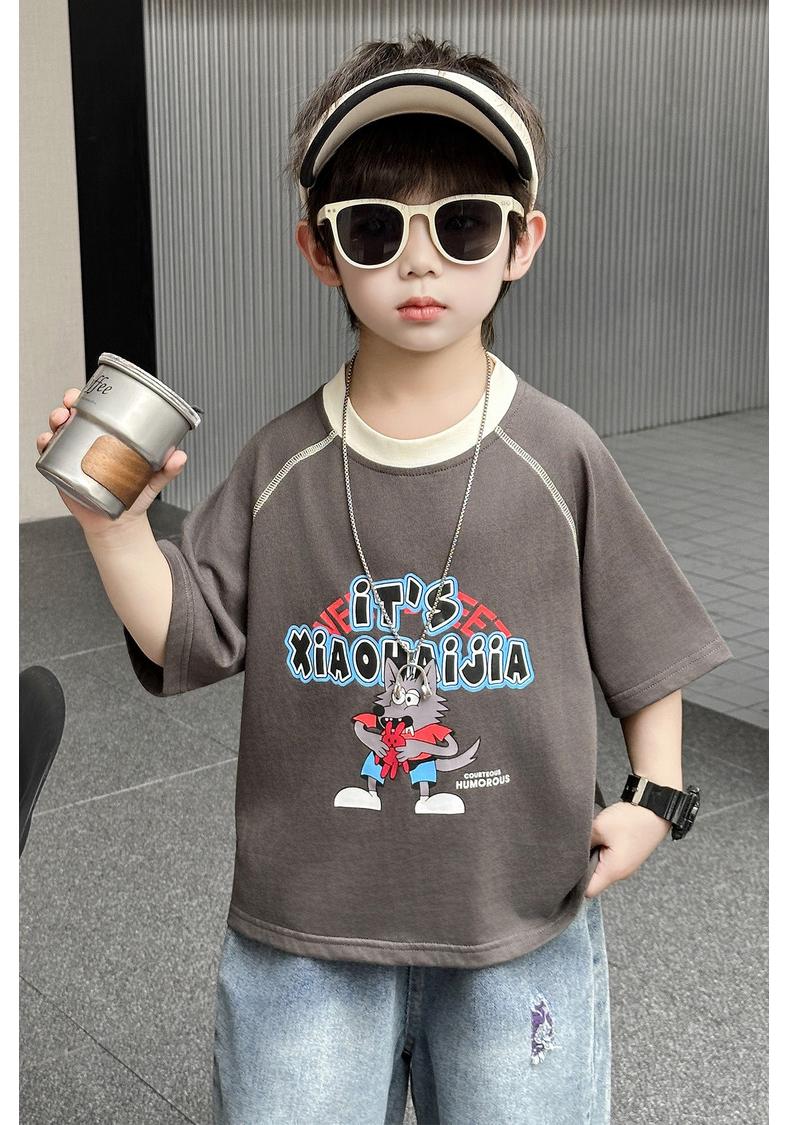 Boys Cotton Raglan T-Shirt: 2026 Cartoon Wolf Print, Short Sleeve, Color Block for Toddlers & Kids 140cm серый