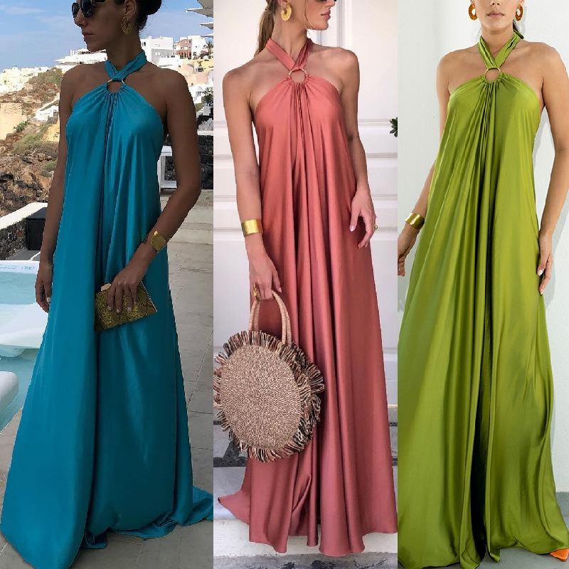 Women's Summer Long Dress Sexy Temperament Sleeveless Loose Satin Women's Halter Dress Fashion Elegant Solid Color A Line Casual Party Dresses