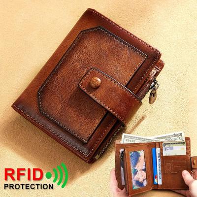 Vintage Herren-Geldbörse aus echtem Leder mit RFID-Blockierung, dreifach gefaltet, kurz, multifunktional, Geldklammer, großes Fassungsvermögen, Reißverschluss